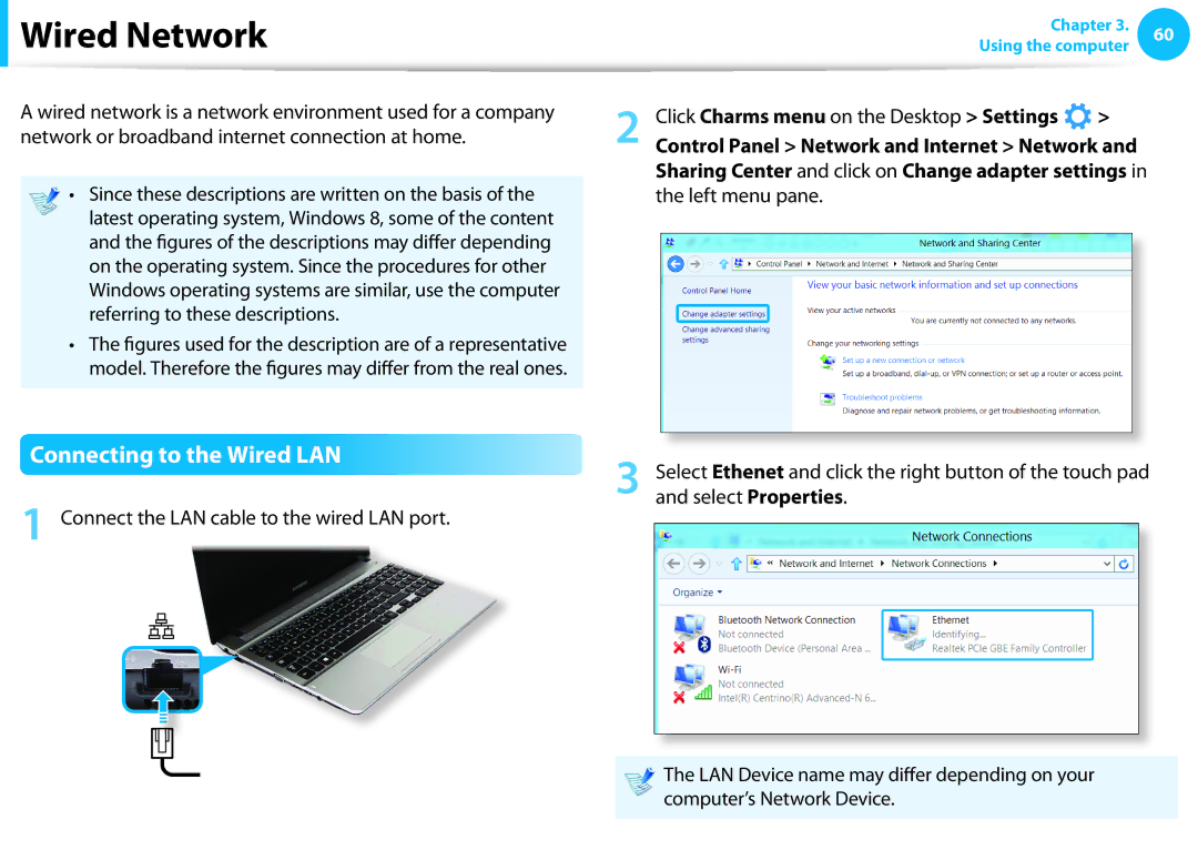 Samsung NP270E4EK01US, NP270E5E Wired Network, Connecting to the Wired LAN, Connect the LAN cable to the wired LAN port 