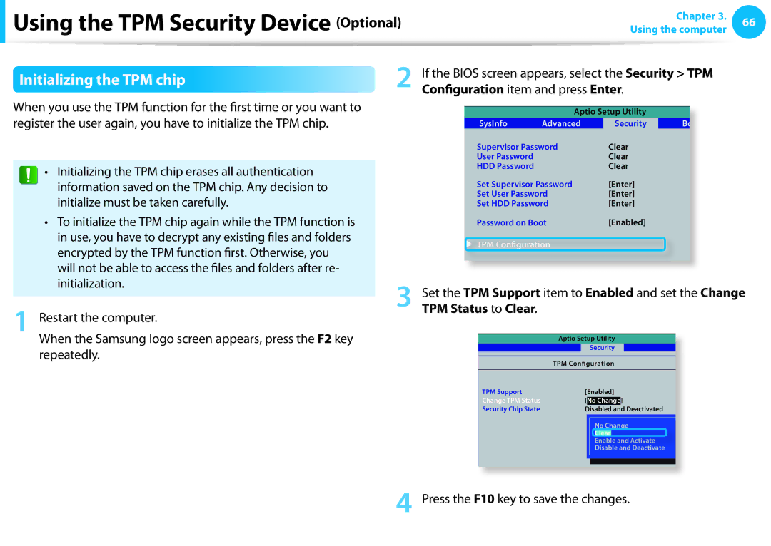Samsung NP270E4E, NP300E4EA01US, NP270E5EK01US Initializing the TPM chip, Repeatedly, Press the F10 key to save the changes 