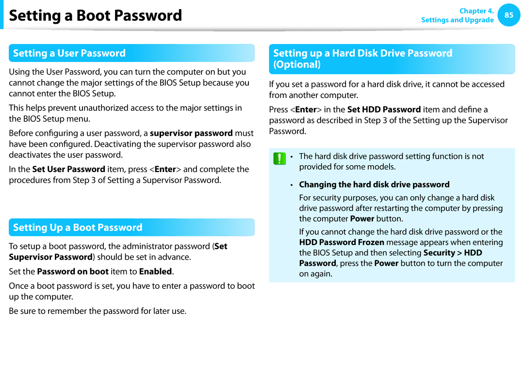 Samsung NP270E5EK03US Setting a User Password, Setting Up a Boot Password, Setting up a Hard Disk Drive Password Optional 