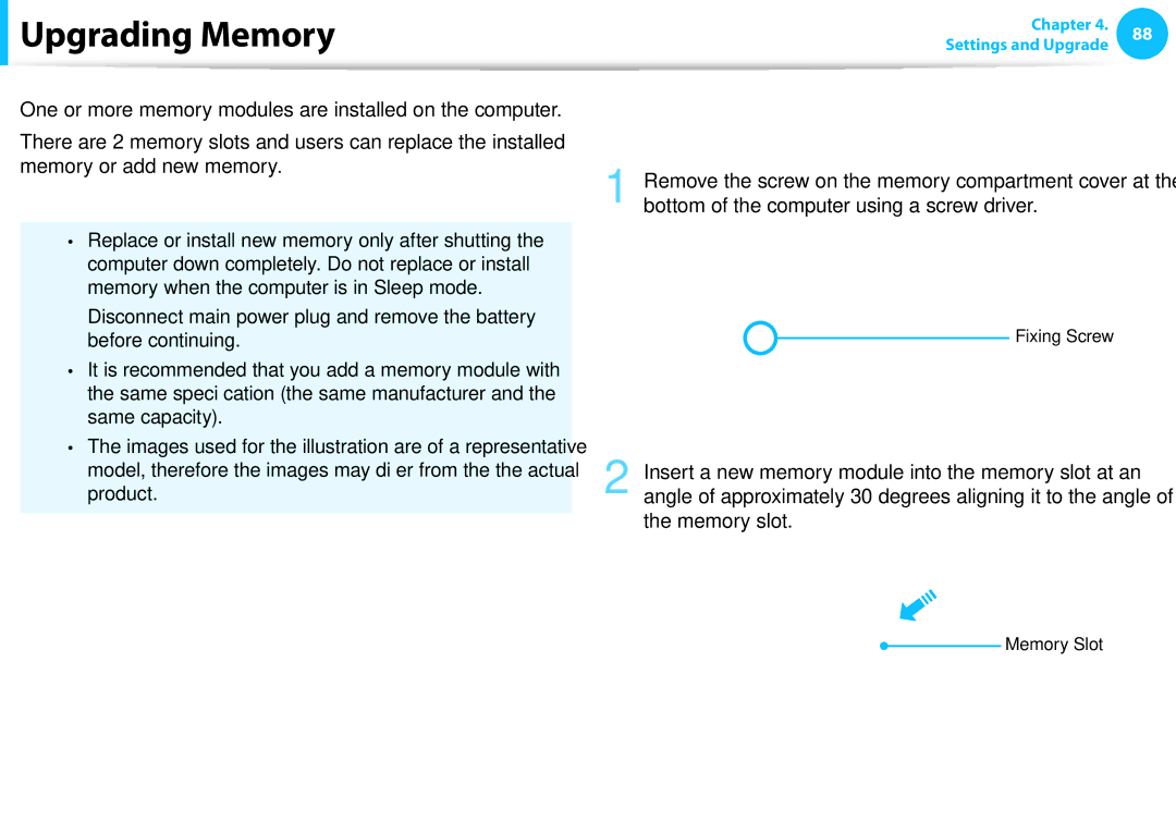 Samsung NP270E4EK01US, NP300E4EA01US, NP270E5EK01US, NP270E5EK03US manual Upgrading Memory, Adding or Replacing Memory Modules 