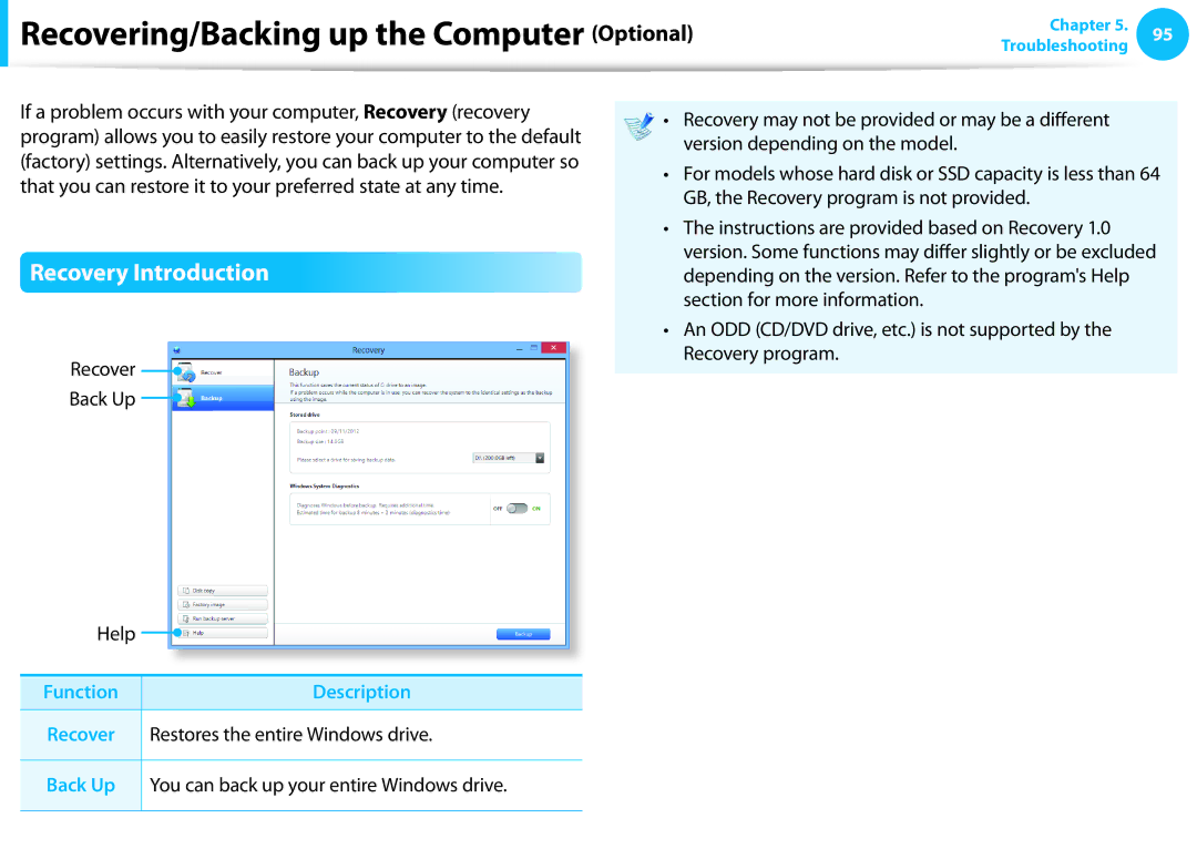 Samsung NP270E4EK01US, NP270E5E Recovering/Backing up the Computer Optional, Recovery Introduction, Function Description 