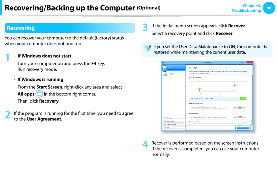 Samsung NP300E4EA01US, NP270E5EK01US, NP270E5EK03US manual Recovering, If Windows does not start, If Windows is running 