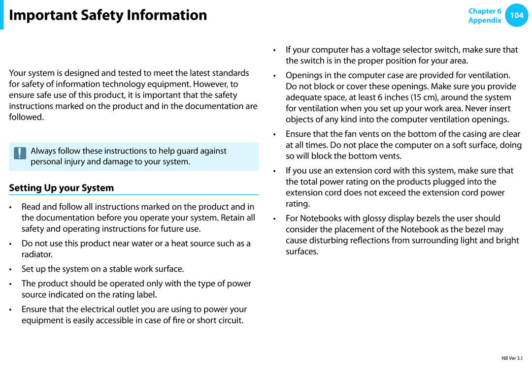 Samsung NP305E5A-A06US, NP300E5C-A08US, NP300E4C Important Safety Information, Safety Instructions, Setting Up your System 