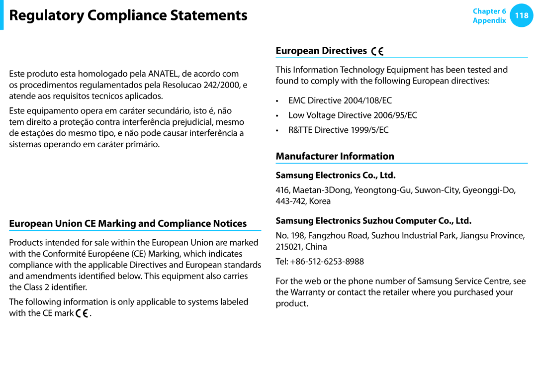 Samsung NP300E4C-A01US, NP300E5C-A08US Brazil, European Union CE Marking and Compliance Notices, European Directives 