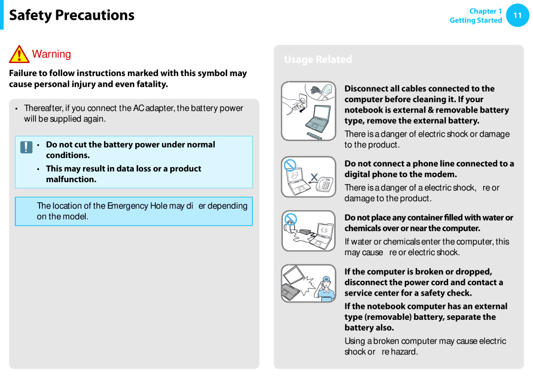 Samsung NP300E5C-A01US, NP300E5C-A08US manual Usage Related, There is a danger of electric shock or damage to the product 