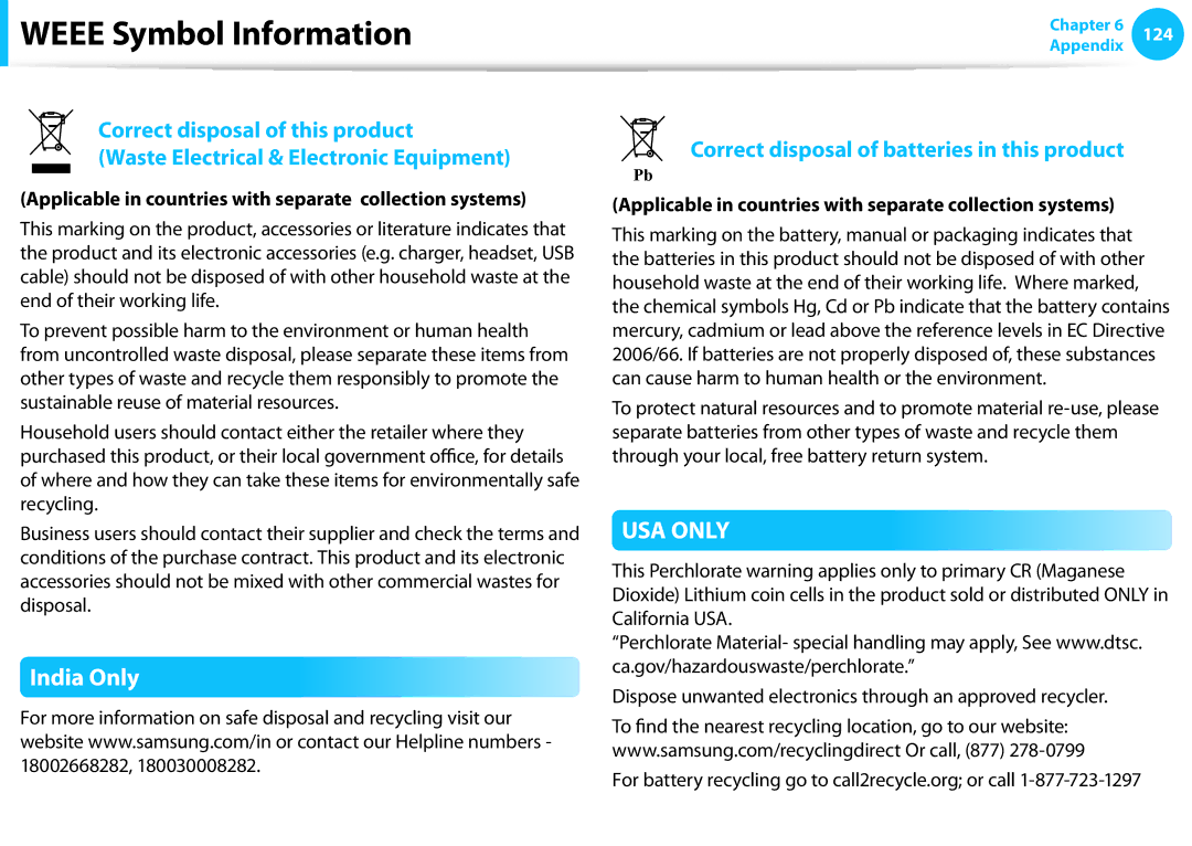 Samsung NP300E4C manual Weee Symbol Information, India Only, Applicable in countries with separate collection systems 