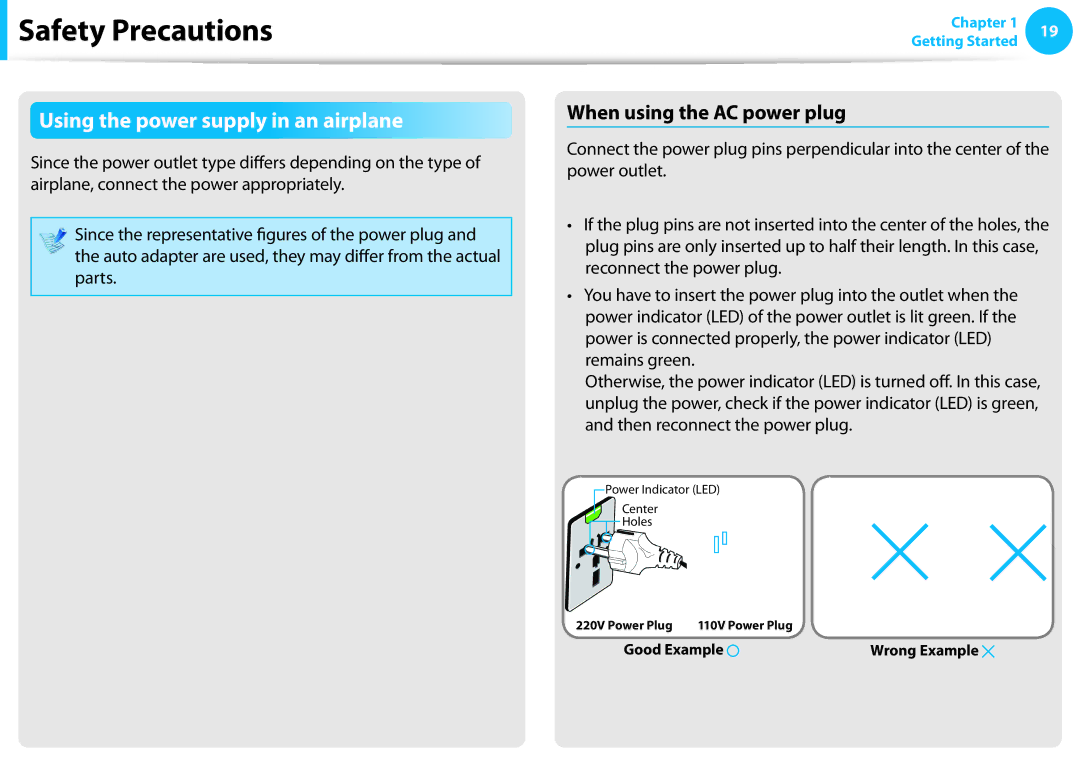 Samsung NP300E5C-A01US, NP300E5C-A08US, NP305E5A-A06US Using the power supply in an airplane, When using the AC power plug 