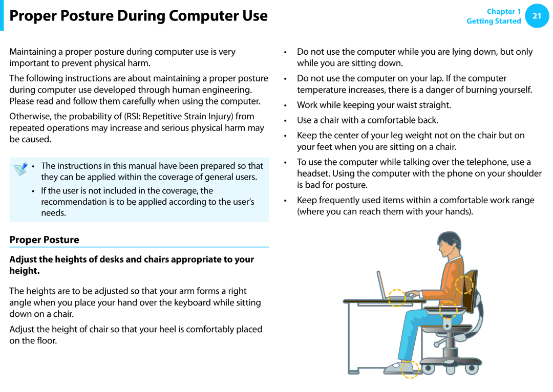 Samsung NP300E4CA09JM, NP300E5C-A08US, NP305E5A-A06US, NP300E5C-A06US, NP300E5C-A02US manual Proper Posture During Computer Use 