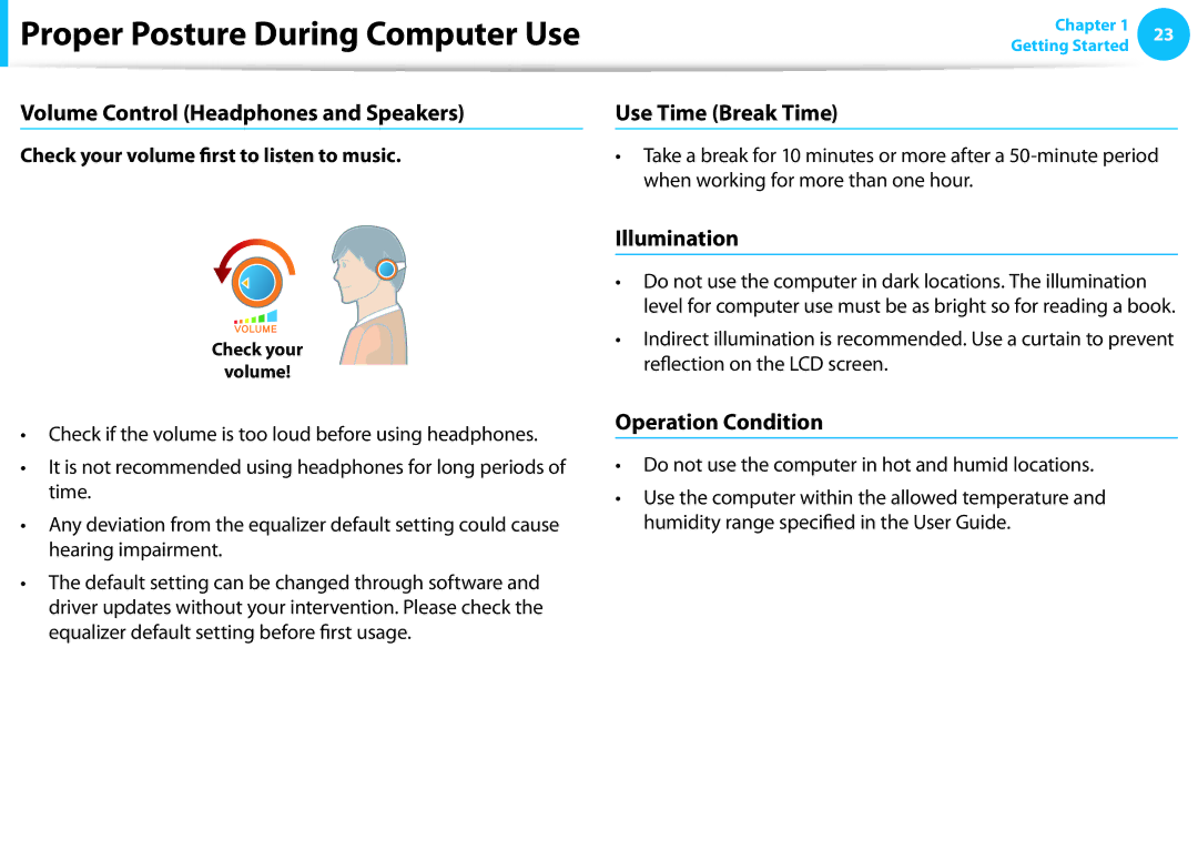 Samsung NP300E5C-A08US Volume Control Headphones and Speakers, Use Time Break Time, Illumination, Operation Condition 