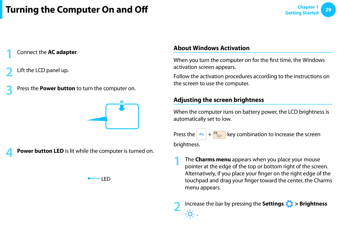 Samsung NP300E4CA09JM manual Turning the Computer On and Off, Turning the computer on, About Windows Activation, Brightness 