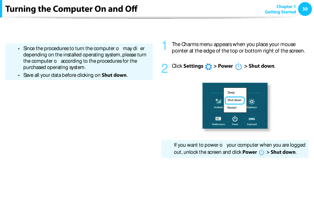 Samsung NP300E4C-A01US, NP300E4CA09JM Turning the computer off, Purchased operating system, Click Settings Power Shut down 