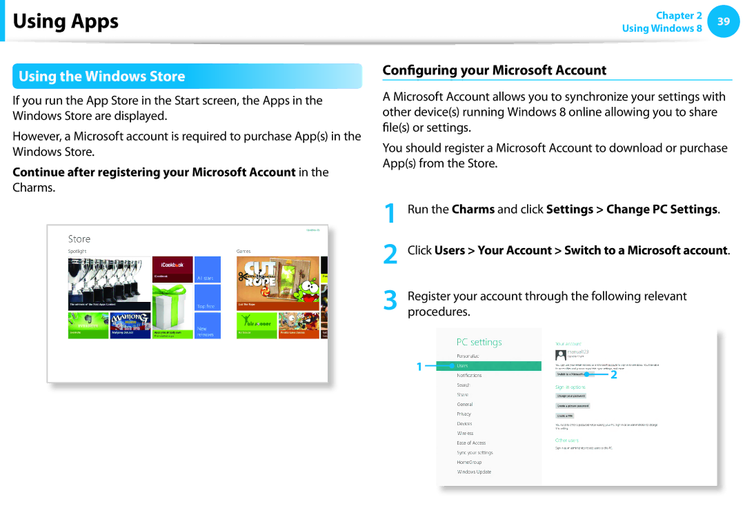 Samsung NP300E5C-A08US, NP305E5A-A06US, NP300E5C-A06US Using the Windows Store, Configuring your Microsoft Account, Charms 