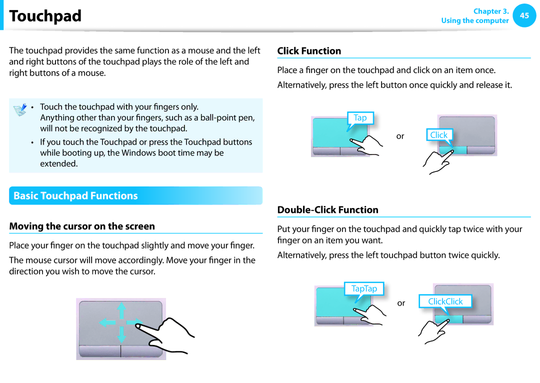 Samsung NP300E4CA09JM manual Basic Touchpad Functions, Moving the cursor on the screen, Double-Click Function 