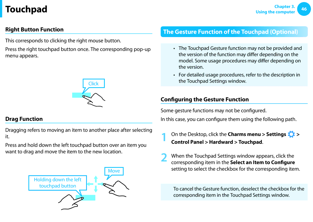 Samsung NP300E4C-A01US, NP300E5C-A08US manual Right Button Function, Drag Function, Configuring the Gesture Function 