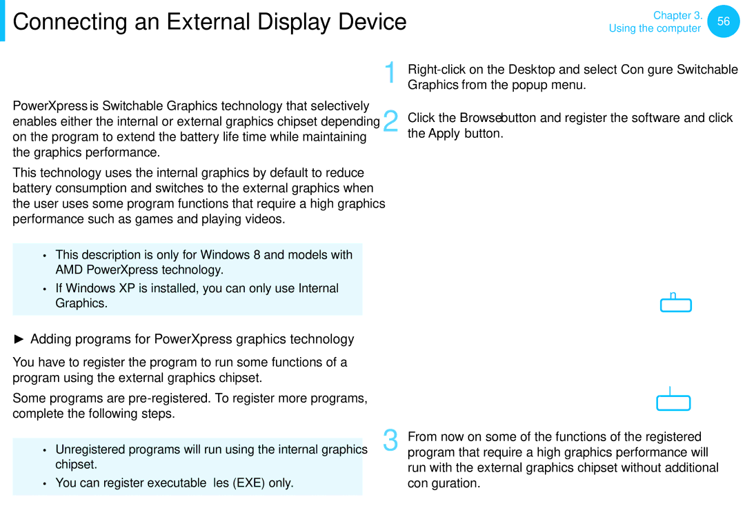 Samsung NP305E5A-A06US manual Using AMD Graphics Effectively optional, Adding programs for PowerXpress graphics technology 