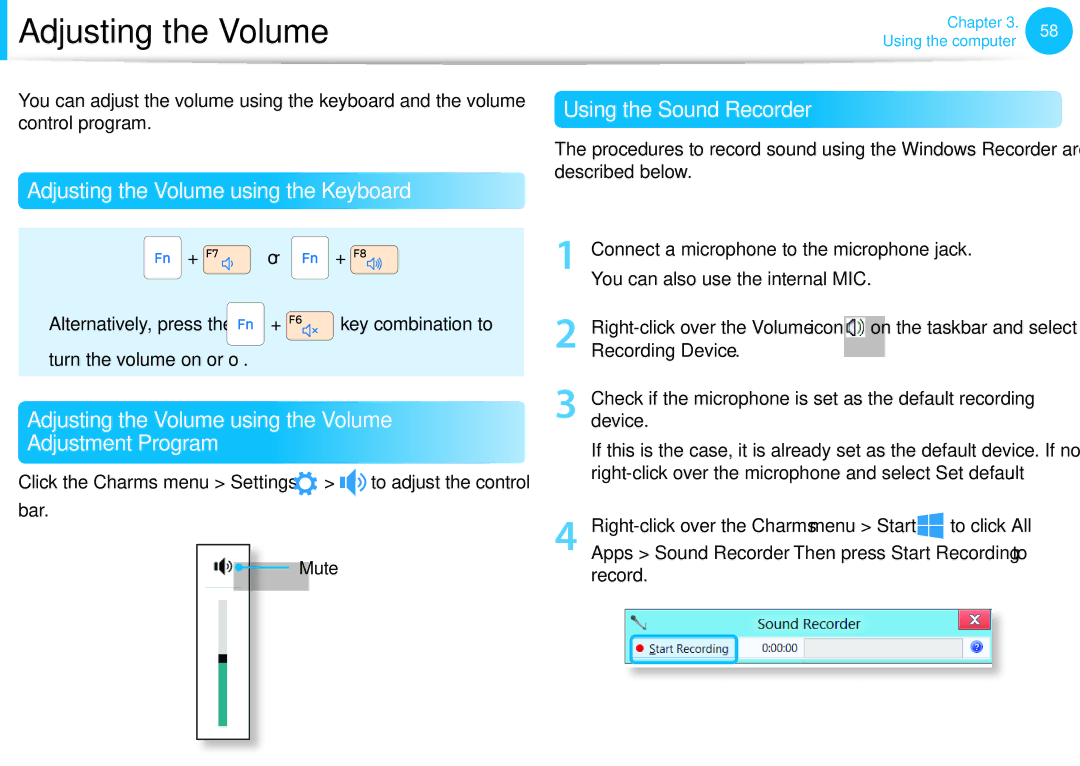 Samsung NP300E5C-A02US, NP300E5C-A08US, NP300E4C manual Adjusting the Volume using the Keyboard, Using the Sound Recorder 