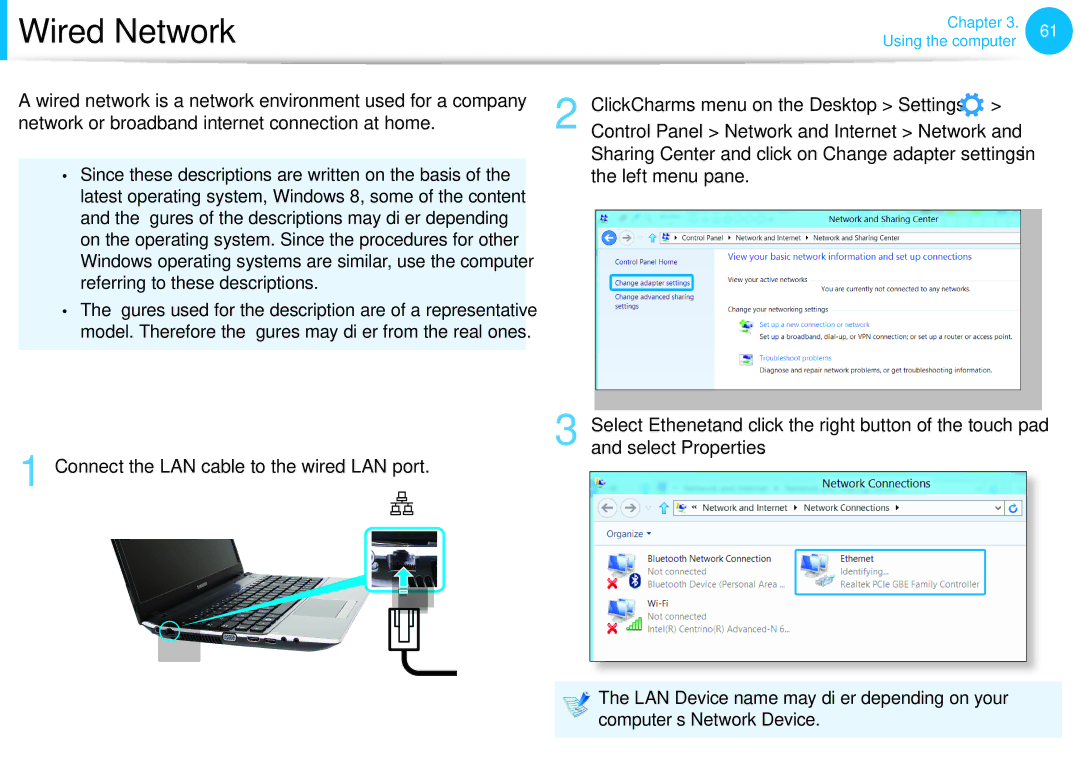 Samsung NP300E4CA09JM manual Wired Network, Connecting to the Wired LAN, Connect the LAN cable to the wired LAN port 