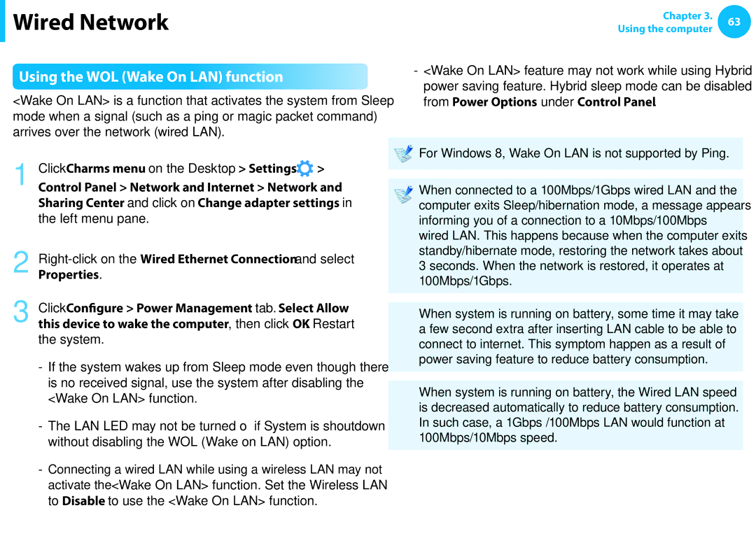 Samsung NP300E5C-A08US, NP305E5A-A06US, NP300E5C-A06US, NP300E5C-A02US Using the WOL Wake On LAN function, Left menu pane 