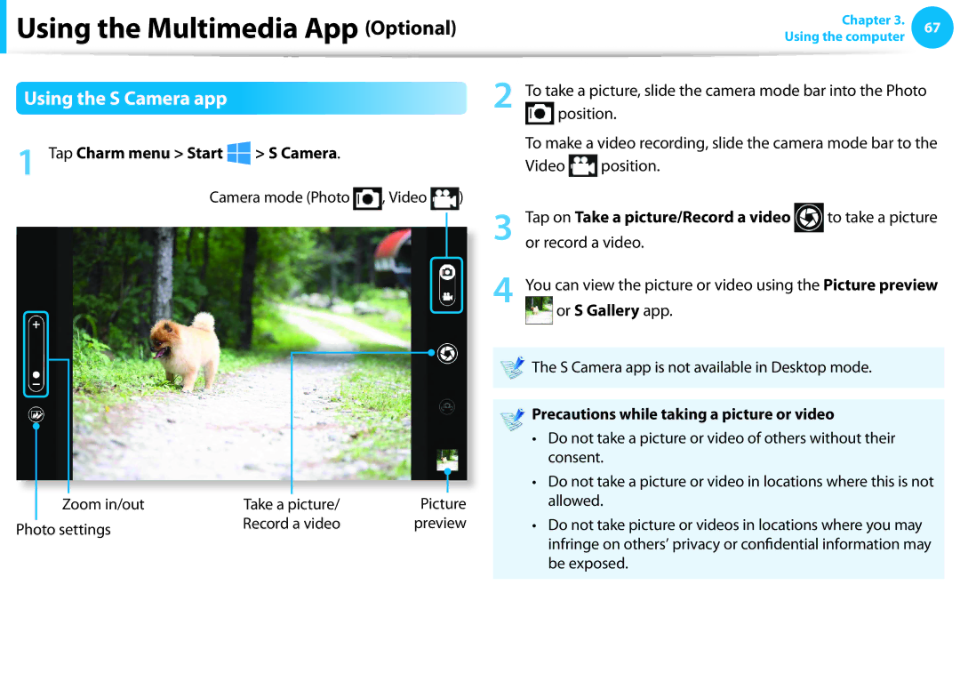 Samsung NP300E5C-A01US, NP300E5C-A08US, NP305E5A-A06US, NP300E5C-A06US, NP300E5C-A02US manual Using the S Camera app, Position 