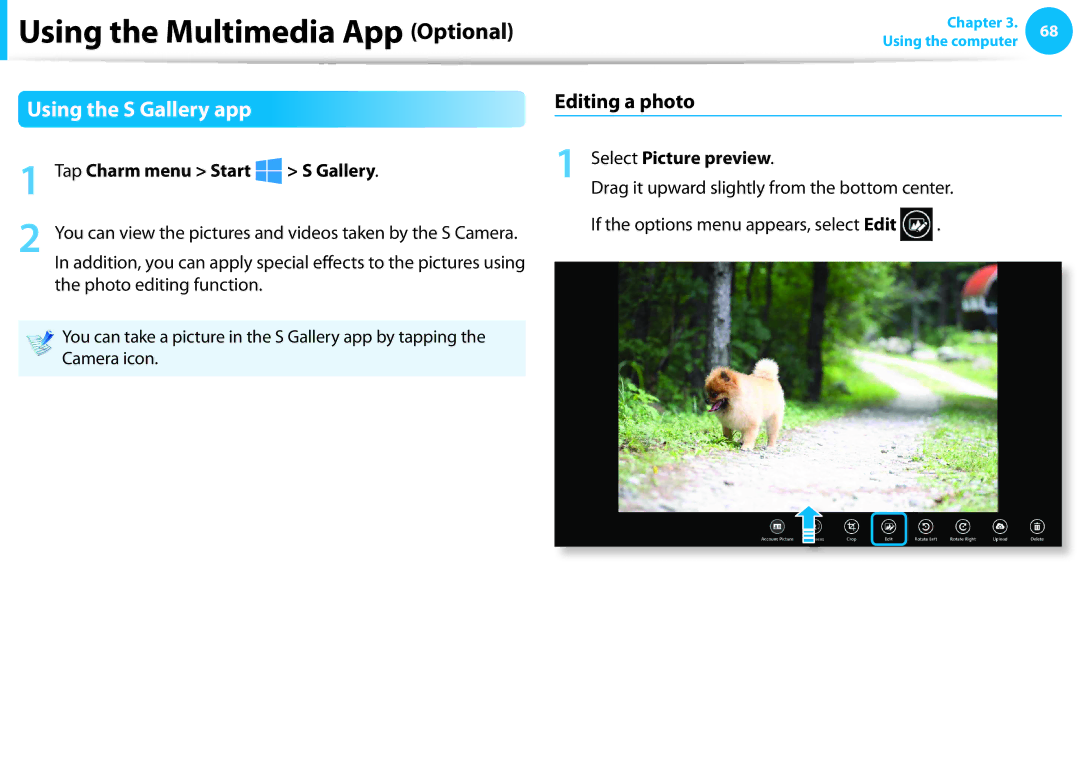 Samsung NP300E4C manual Using the S Gallery app, Editing a photo, Tap Charm menu Start Gallery, Select Picture preview 