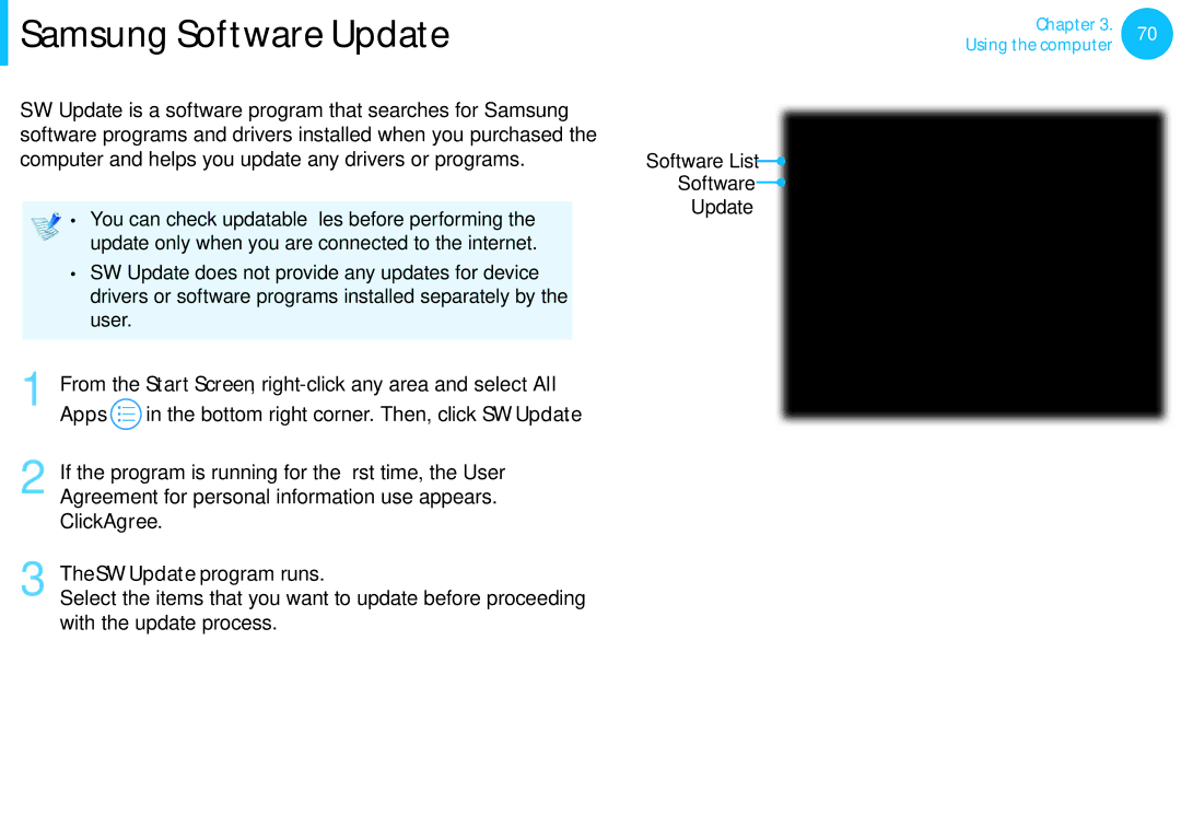 Samsung NP300E4C-A01US, NP300E5C-A08US, NP305E5A-A06US, NP300E5C-A06US, NP300E5C-A02US manual Samsung Software Update, Apps 