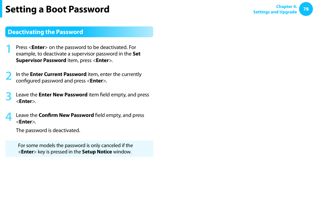 Samsung NP300E4C-A01US, NP300E5C-A08US, NP305E5A-A06US Deactivating the Password, Supervisor Password item, press Enter 