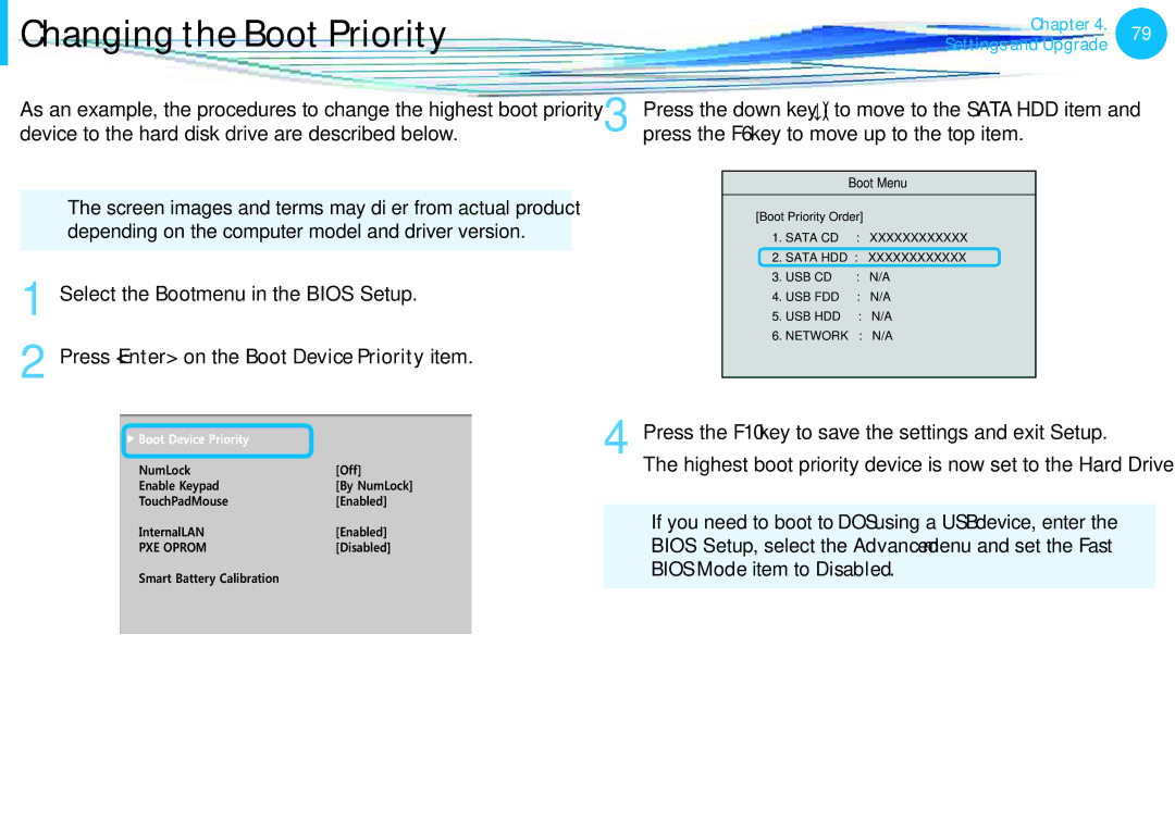 Samsung NP300E5C-A08US, NP305E5A-A06US manual Changing the Boot Priority, Depending on the computer model and driver version 