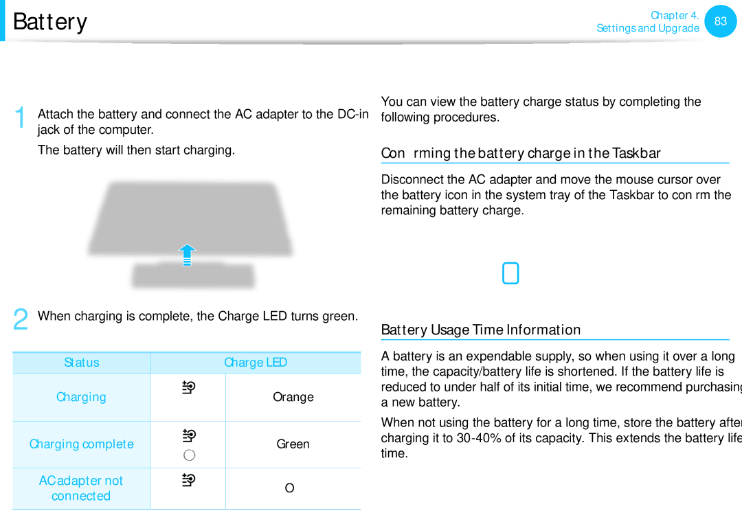 Samsung NP300E5C-A01US manual Charging the Battery, Measuring the Remaining Battery Charge, Battery Usage Time Information 