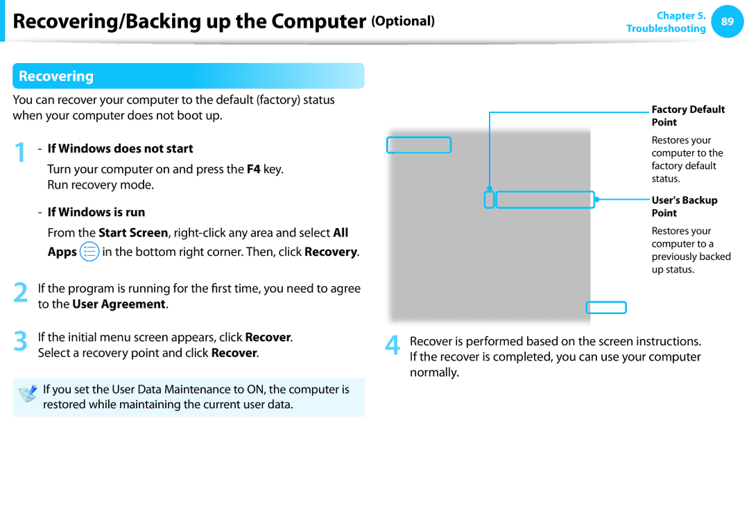 Samsung NP300E5C-A06US, NP300E5C-A08US Recovering, If Windows does not start, If Windows is run, To the User Agreement 