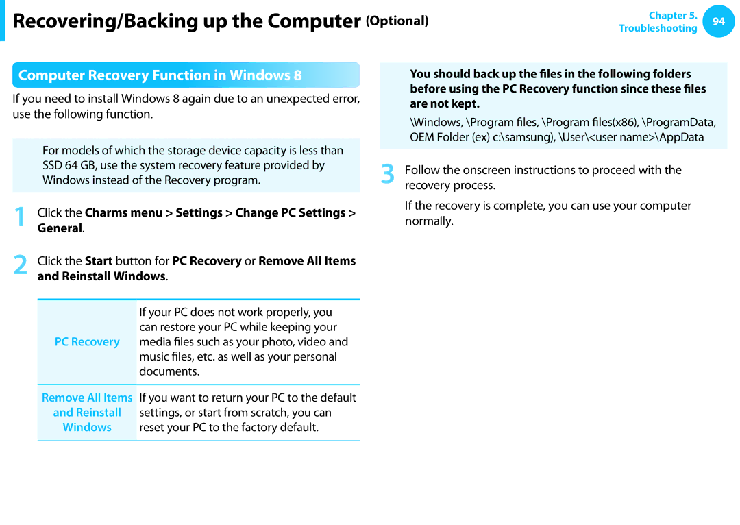 Samsung NP300E4C-A01US, NP300E5C-A08US Computer Recovery Function in Windows, Are not kept, General, Reinstall Windows 