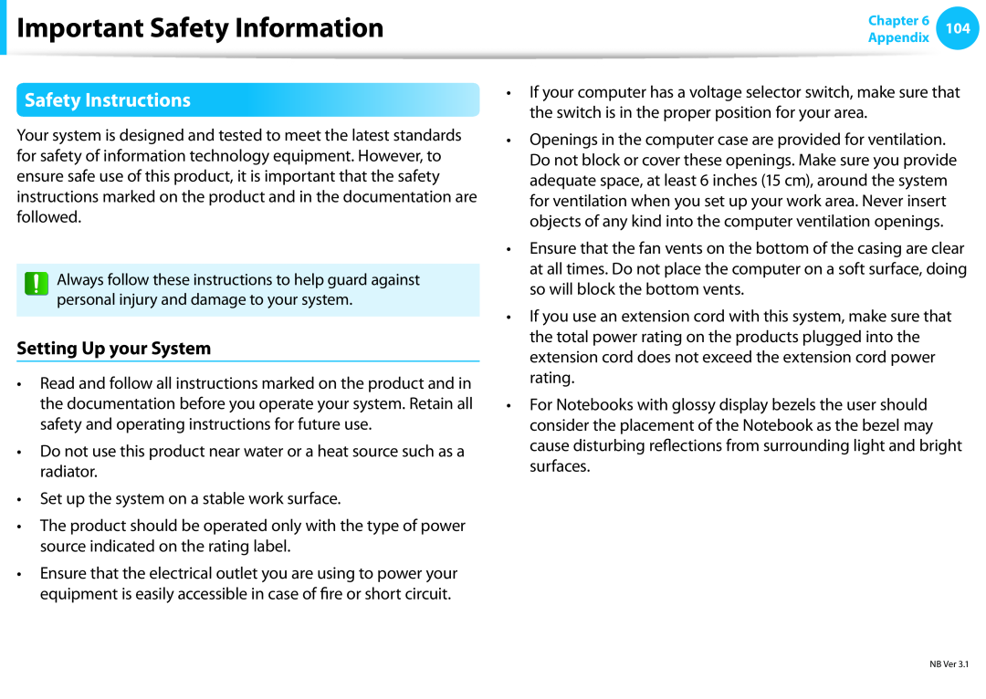 Samsung NP305E5A-A06US, NP300E5C-A08US, NP300E4C Important Safety Information, Safety Instructions, Setting Up your System 