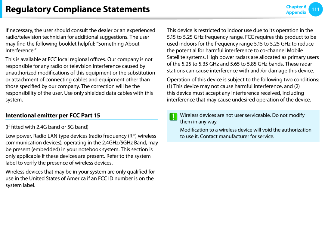 Samsung NP300E5C-A08US, NP305E5A-A06US, NP300E5C-A06US Intentional emitter per FCC Part, Regulatory Compliance Statements 