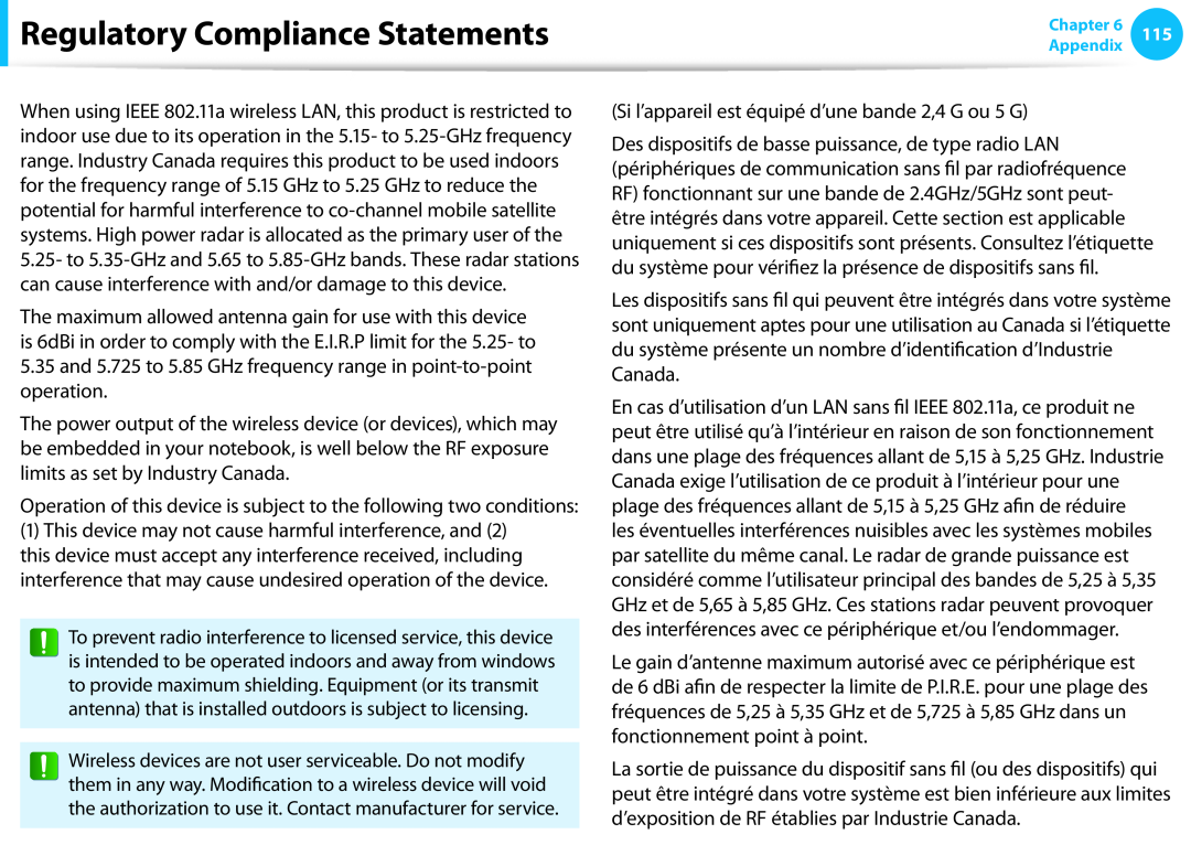 Samsung NP300E5C-A01US, NP300E5C-A08US Regulatory Compliance Statements, Si l’appareil est équipé d’une bande 2,4 G ou 5 G 