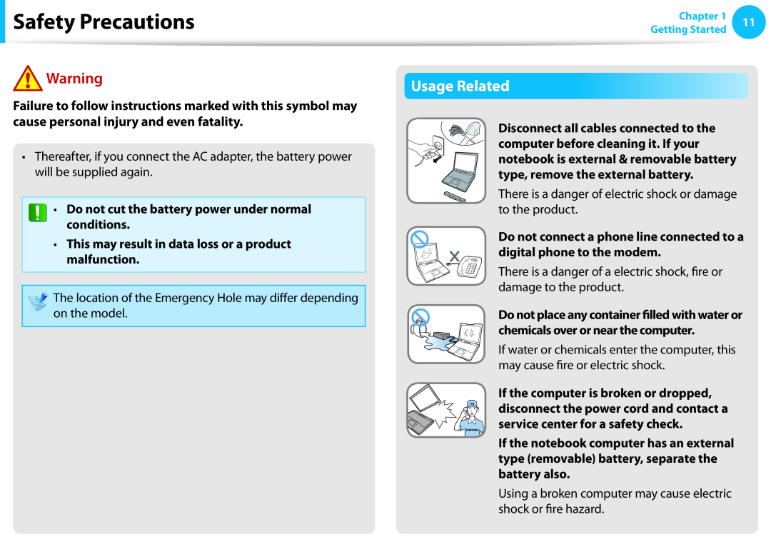 Samsung NP300E5C-A01US, NP300E5C-A08US, NP305E5A-A06US, NP300E5C-A06US, NP300E5C-A02US manual Usage Related, Safety Precautions 