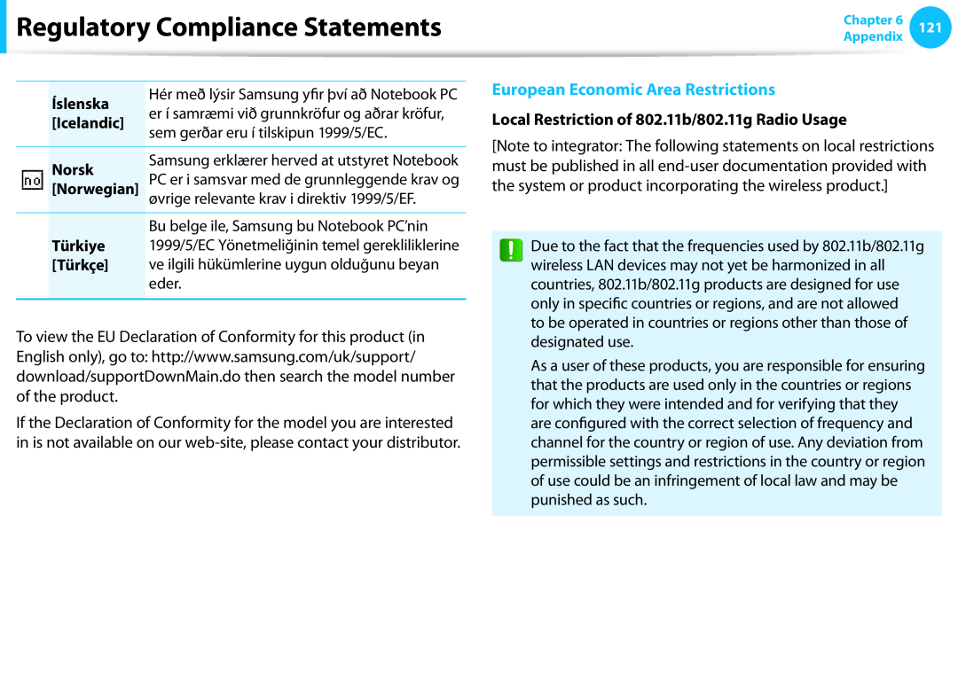 Samsung NP300E5C-A06US, NP300E5C-A08US, NP300E4C manual European Economic Area Restrictions, Regulatory Compliance Statements 