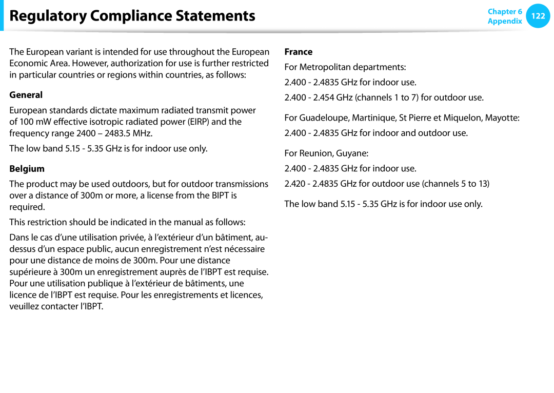 Samsung NP300E5C-A02US, NP300E5C-A08US, NP305E5A-A06US, NP300E4C Regulatory Compliance Statements, General, Belgium, France 
