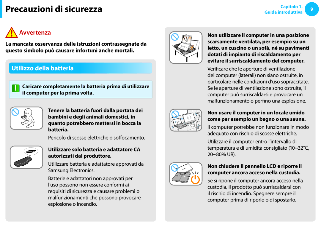 Samsung NP270E5E-X04IT, NP300E5C-S08IT manual Utilizzo della batteria, Pericolo di scosse elettriche o soffocamento 