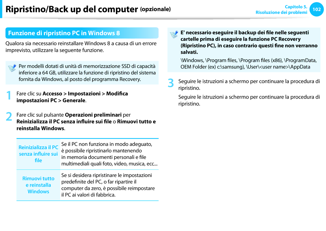 Samsung NP300E5C-A0AIT, NP300E5C-S08IT Funzione di ripristino PC in Windows, File, Predefinite del PC, o far ripartire il 