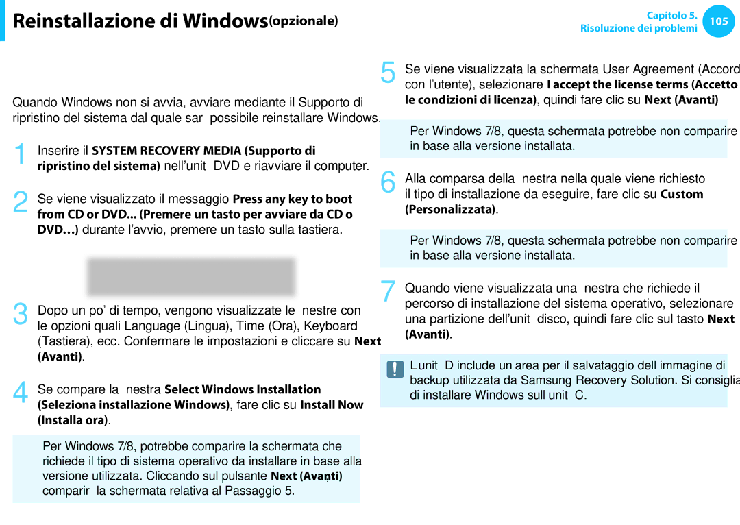 Samsung NP300E5C-S02IT Reinstallazione quando Windows non si avvia, Le opzioni quali Language Lingua, Time Ora, Keyboard 