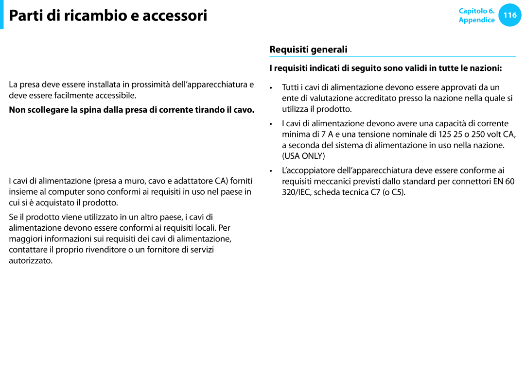 Samsung NP550P5C-T01IT manual Collegamento e scollegamento dell’adattatore, Cavi di alimentazione, Requisiti generali 