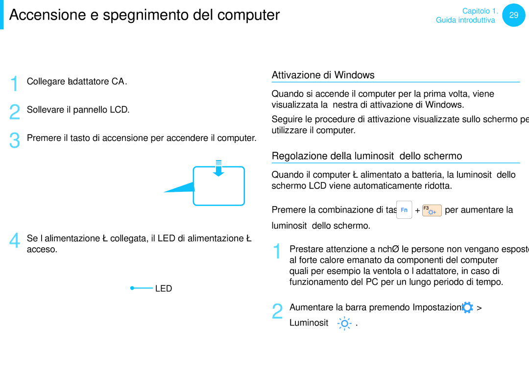 Samsung NP550P7C-T02IT Accensione e spegnimento del computer, Accensione del computer, Attivazione di Windows, Luminosità 