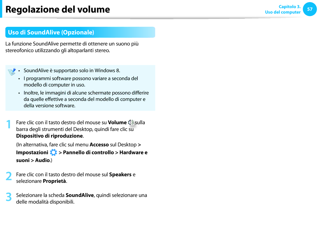 Samsung NP270E5G-K04IT Uso di SoundAlive Opzionale, Barra degli strumenti del Desktop, quindi fare clic su, Impostazioni 