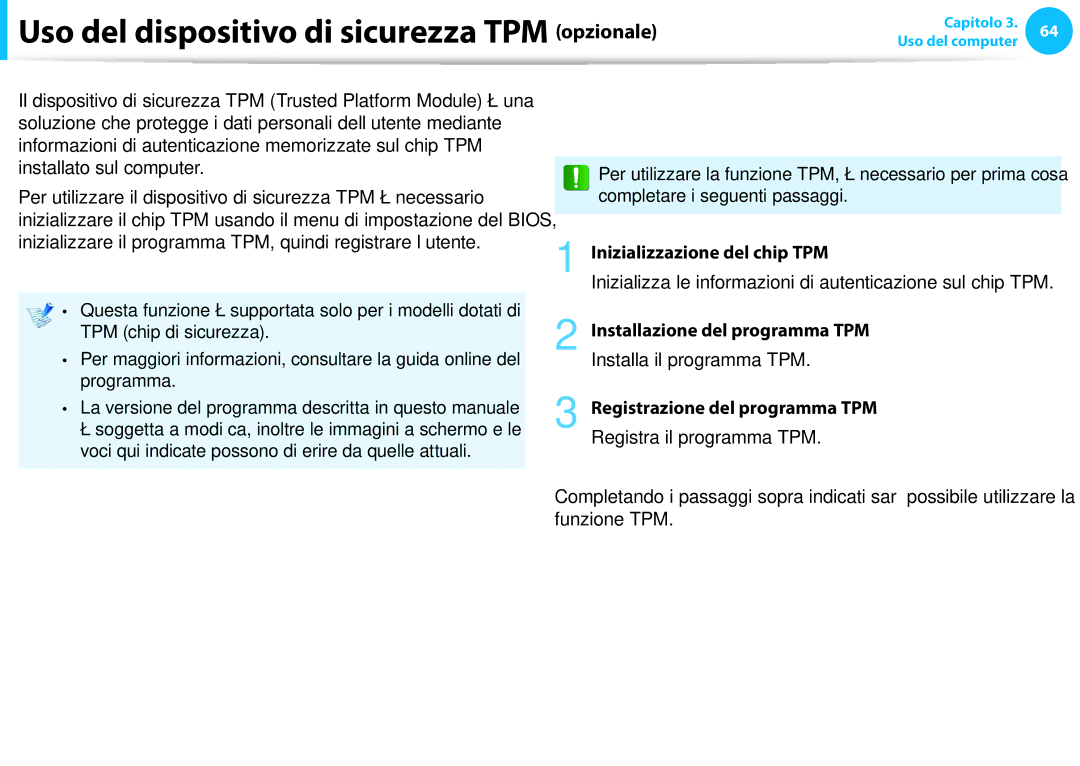 Samsung NP270E5E-X01TR Uso del dispositivo di sicurezza TPM opzionale, Impostazione TPM, Inizializzazione del chip TPM 