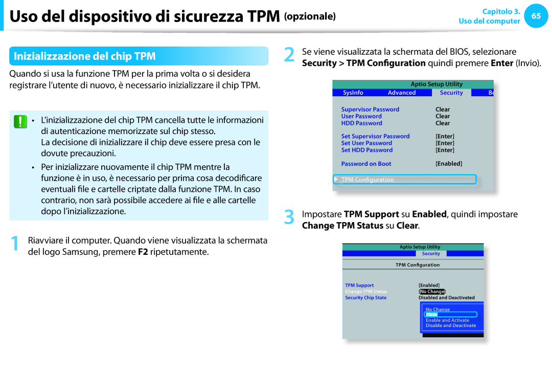 Samsung NP3530EC-A03IT manual Inizializzazione del chip TPM, Se viene visualizzata la schermata del BIOS, selezionare 