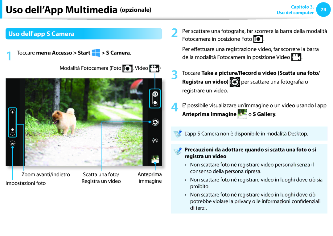 Samsung NP300E5C-S05IT Uso dellapp S Camera, Toccare menu Accesso Start, Fotocamera in posizione Foto, Registra un video 