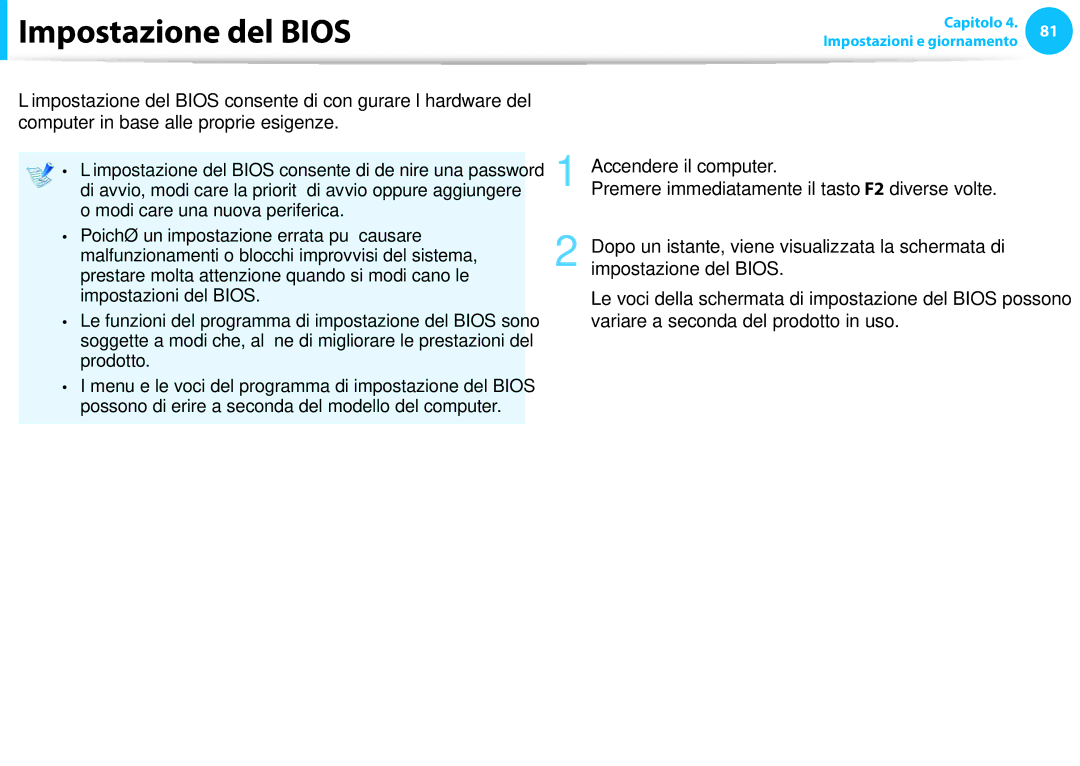 Samsung NP550P7C-T03IT, NP300E5C-S08IT, NP270E5E-K04IT manual Impostazione del Bios, Entrata nell’impostazione del Bios 