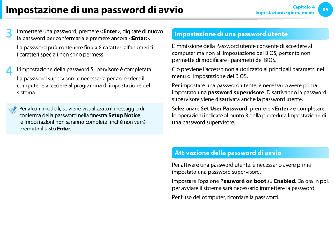 Samsung NP270E5G-X02IT, NP300E5C-S08IT manual Attivazione della password di avvio, Caratteri speciali non sono permessi 