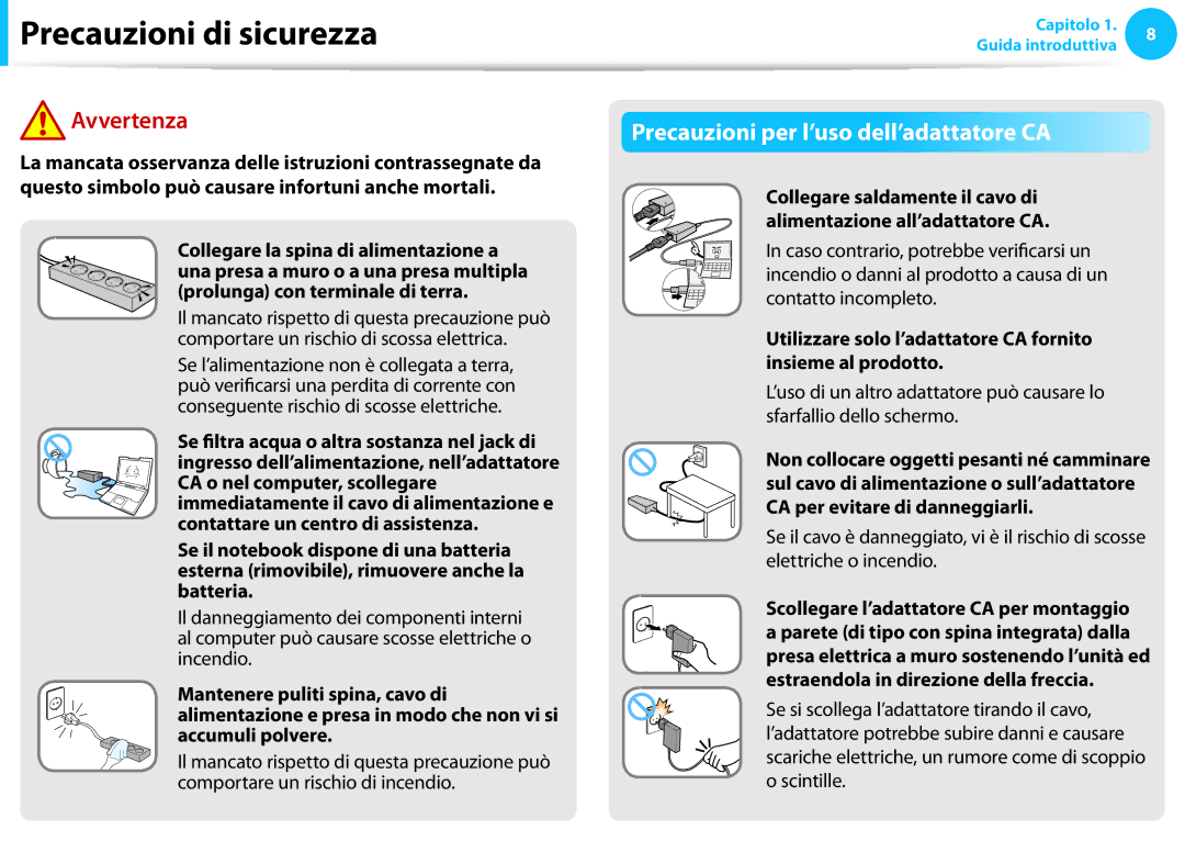 Samsung NP270E5E-K03IT, NP300E5C-S08IT, NP270E5E-K04IT, NP270E5E-K02IT manual Precauzioni per l’uso dell’adattatore CA 