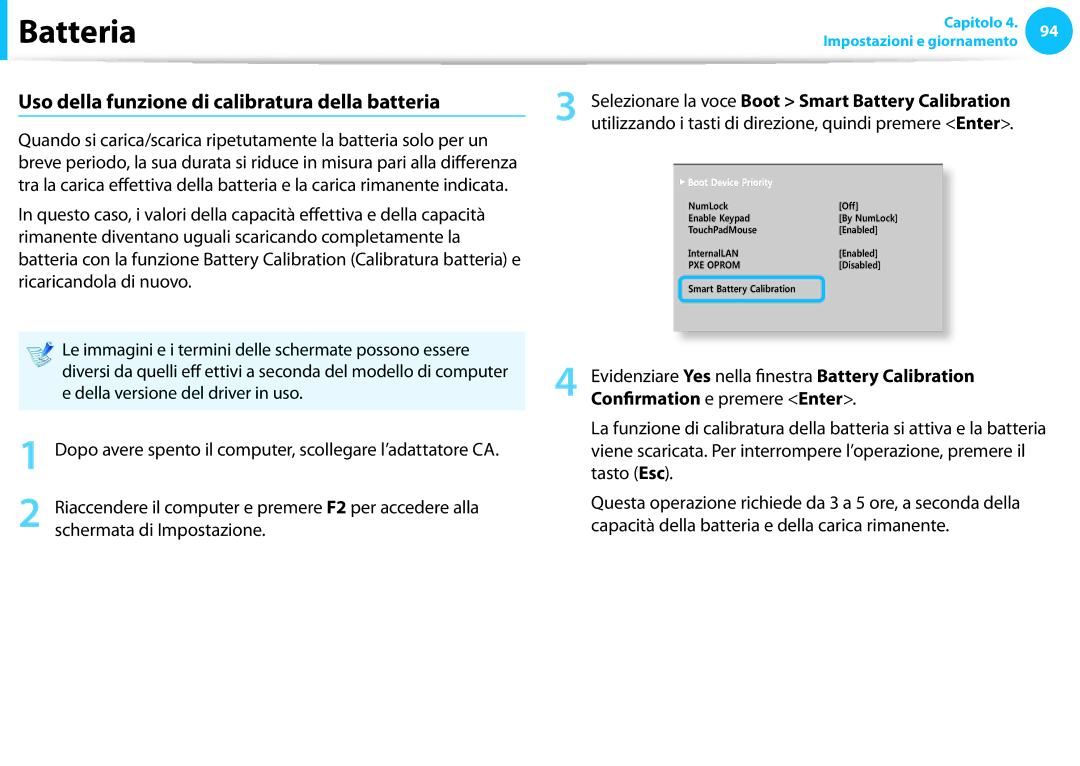 Samsung NP940X3G-K01IT, NP300E5C-S08IT manual Uso della funzione di calibratura della batteria, Confirmation e premere Enter 