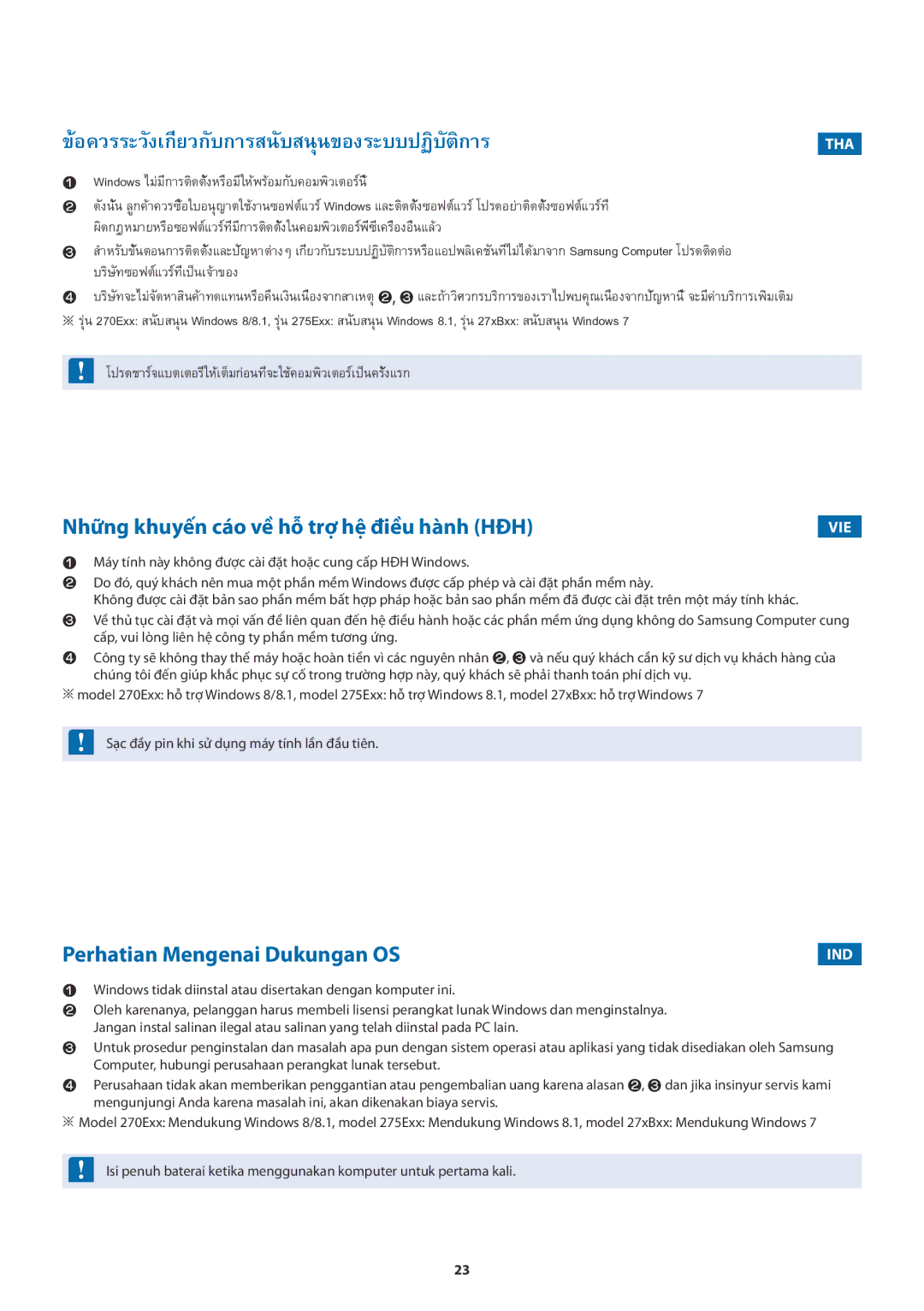 Samsung NP300E5V-A01BG manual Những khuyến cáo về hỗ trợ hệ điều hành HĐH, Perhatian Mengenai Dukungan OS 
